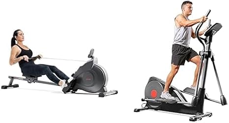 Sunny Health & Fitness Magnetic Rowing Machine with Exclusive SunnyFit App + Sunny Health & Fitness Pre-Programmed Elliptical Trainer - SF-E320001, Black