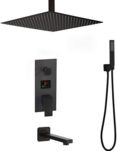 Bathroom Shower System,3-Functions Black Digital Shower Faucets Set Rainfall Shower Head Digital Temp Display Mixer Tap Swivel Tub Spout Bath Shower,Luxury Shower Se,16inch
