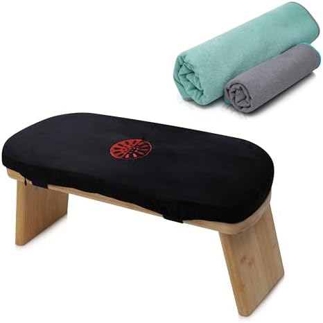 Yoga Dood Meditation Bench & Towel Bundle - Bamboo Seiza Bench with Cushioned Kneeling Seat for Comfort - Foldable Prayer Stool for Mindful Practice & Breathwork