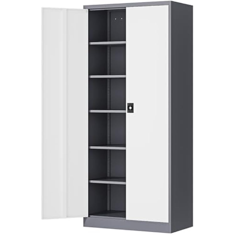 Metal Storage Cabinet-71 Tall Steel File Cabinets with Lockable Doors and Adjustable Shelves-Gray&White Steel Storage Cabinet for Home,Kitchen, School, Office, Garage