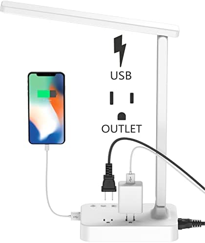 Drevet LED Desk Lamp, Desk Light with 1 USB Charging Port and 2 AC Power Outlet, 3 Lighting Modes, 3 Level Brightness,1H Timer, Touch Control, Eye-Caring Home Office Foldable Table Lamp White