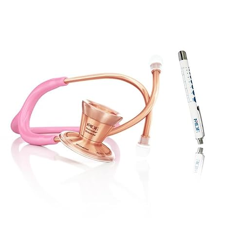 MDF Instruments ProCardial Cardiology Stethoscope, Lightweight Titanium, Adult, Dual Head, Rosegold/Pink Tube + LUMiNiX Medical Professional Penlight