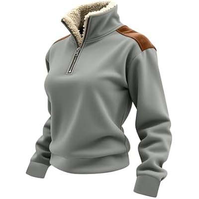 Fashion Sweatshirt for Women Long Sleeve Collared 14 Zip Faux Fur Pullover Top Winter Warm Suede Patch Tops