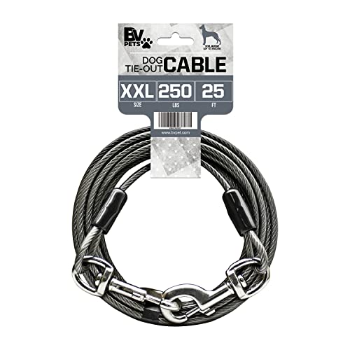 BV Dog Tie Out Cable 25 Feet - Heavy Duty Dog Lead Up to 250 Pounds - Reflective & Rust-Free with Quick Release Swivel Clips & 360 Rotating Clasp - Tangle-Free Dogs Runner for Yard Grey, Single