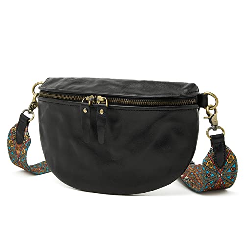 DORIS&JACKY Leather Crossbody Bag For Women Cute Chest Shoulder Purse With Wide Pattern Strap