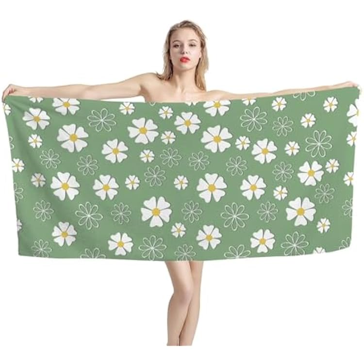 Abstract Daisy Flower Beach Towels Absorbent Soft Comfortable Pool Swim Towels Lightweight Fluffy Bath Towel Yoga Mat, White and Green Towel