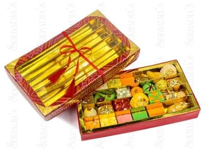 Rakhi-Gift-Sukhadia Sweets - Red Bandhani 2Lb box -Naivedhyam- 32oz Premium Assorted Mithai - Indian Mithai Gift - Freshly Made In USA