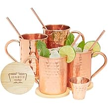 Advanced Mixology Moscow Mule Straight Copper Mugs Set of 2 (16oz) Pure Copper with Food-Grade Lacquer | Includes 2 Straws, 2 Wooden Coasters & Shot Glass | Hammered Finish Barware Gift Set