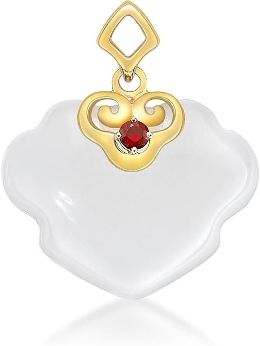 RuYi Hetian Jade Pendant with Rounded Ruby on 18K Yellow Gold Claws Prong