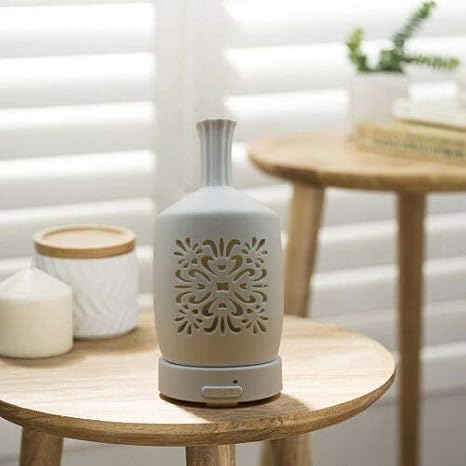 Stone Ceramic Diffuser Hand-Crafted Ultrasonic Quiet Essential Oil Diffuser for Aromatherapy Ceramic White 100ml Capacity (Oriental Design)