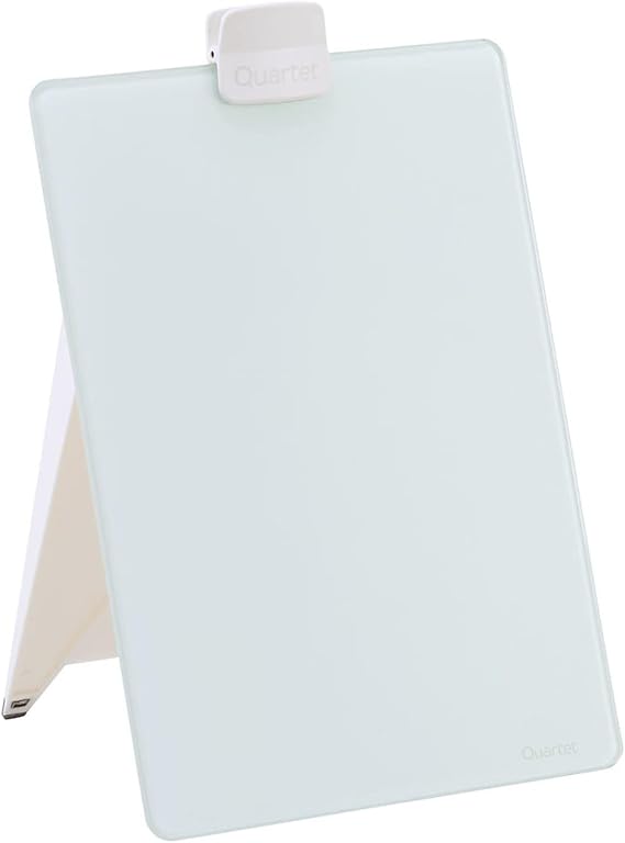 Quartet Dry Erase White Board 9"W x 11"H Desktop Glass Pad with Removable Clip and Marker, White (GDE119)