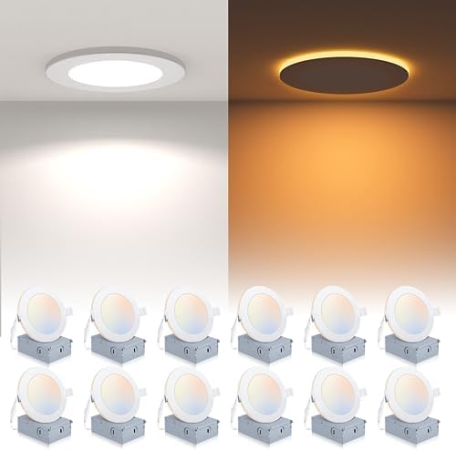 12 Pack Recessed Lighting 6 Inch with Night Light, 6 Inch LED Recessed Lights 5CCT Dimmable 2700K3000K4000K5000K6000K, 15W 1200LM Ultra Thin Recessed Lighting - ETL and Energy Star Certified