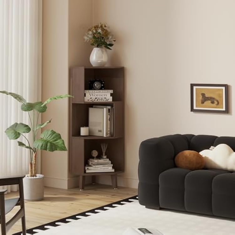 3 Tier Corner Bookshelf, 45.3 Tall Bamboo Corner Bookcases with Storage Display Rack for Home Office, Living Room, Study Room Brown