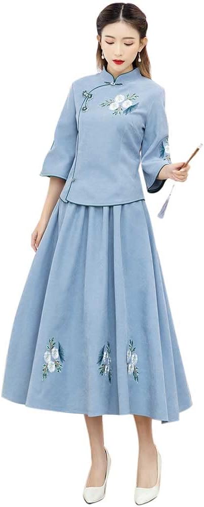 Women's Chinese Tang Suit Flower Embroidered Two Piece Outfit Mandarin Top Tea Length Skirt Traditional Costume