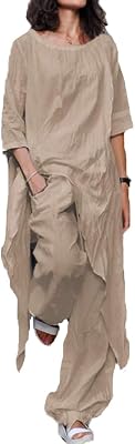 Artistic Style Loose Suit, Womens Casual 34 Sleeve Irregular hem Dress Summer Round Neck Cotton Linen Pants