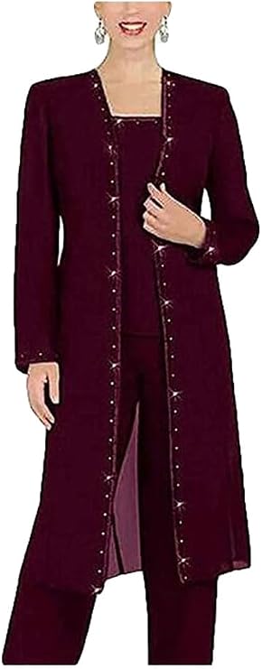 Chiffon Mother of The Bride Pants Suit 3 PC Beaded Wedding Outfits Long Jacket Prom Evening Women Outfits