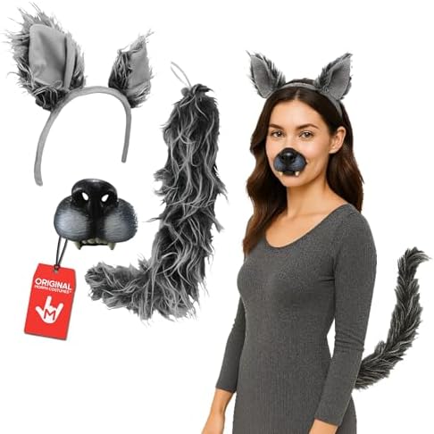 Nicky Bigs Novelties Gray Werewolf Costume Kit Big Bad Wolf Ears Headband Tail and Nose Mask Set Faux Fur Halloween Cosplay Accessory for Adults One Size Fits Most