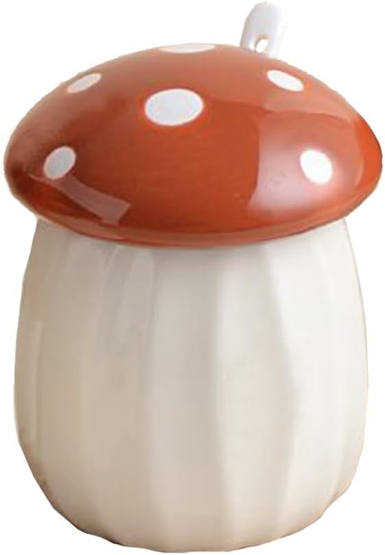 Ceramic Mushroom Shape Sugar Bowl Spice Jar Seasoning Pot with Lid Spoon