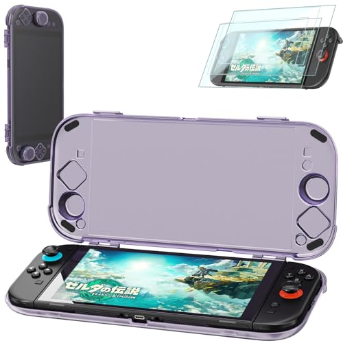 Protective Case for Nintenndo Switch 2,Hard Protector Cover Accessories Compatible with Switch 2, For N Switch2 CoverPurple Hard Case, Screen Tempered Film, Port Dust Plug, Joystick Cap