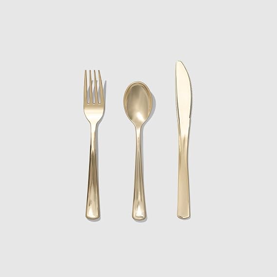 Coterie Metallic Gold Plastic Cutlery 30 Disposable Utensils | Premium Plastic Forks, Knives & Spoons | Luxe Gold Party Flatware for Weddings, Holiday Dinners, Birthdays & Entertaining in Style