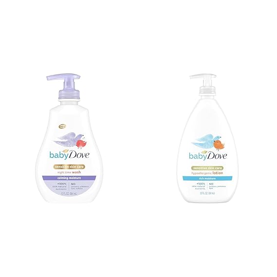 Baby Dove Sensitive Skin Care Baby Wash Calming Moisture For a Calming Bath Wash Hypoallergenic and Tear-Free, Washes Away Bacteria 13 oz & Sensitive Skin Care Body Lotion