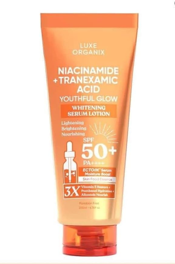 Luxe Organix Niacinamide + Tranexamic Acid Youthful Glow Whitening Serum Lotion, SPF 50+, 200ml
