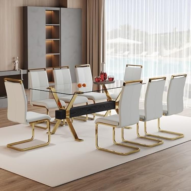 71 Dining Room Table Set for 8,Mid Century Modern Dining Table Set,Rectangular Tempered Glass Dining Table Set,Kitchen Table Set Wite 8 PU Leathers Dining Chairs for Living Room