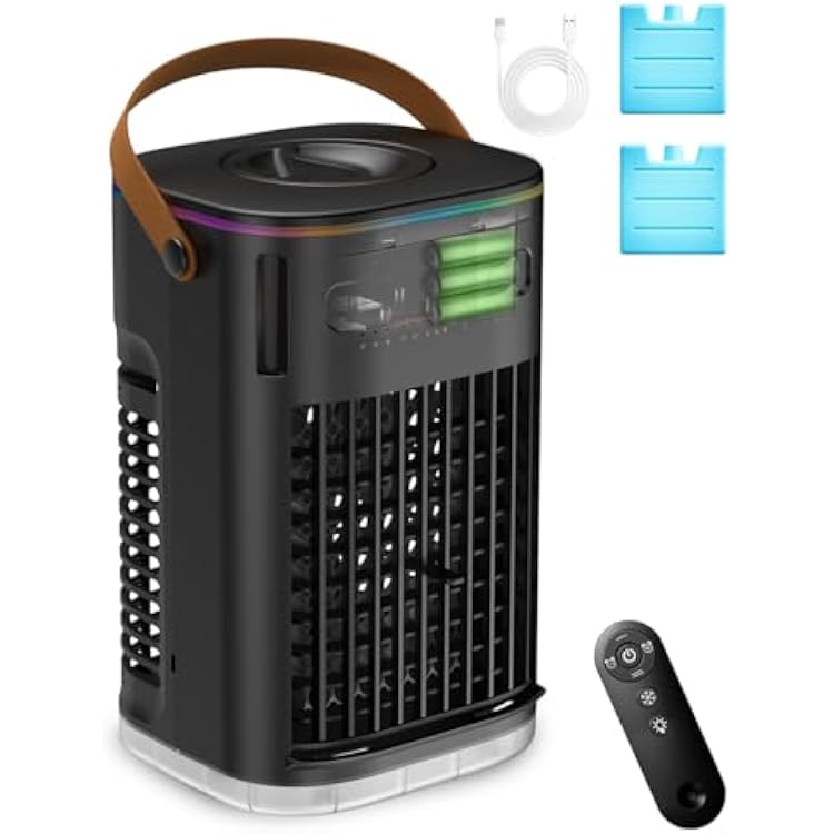 3-IN-1 Portable Air Conditioners, 5400mAh Built-In Battery Personal Evaporative Air Cooler Fan, Ice Packs & 1200ml Water Tank, 1-7h Timer & Remote, Mini Air Conditioner for Car Desktop Camping