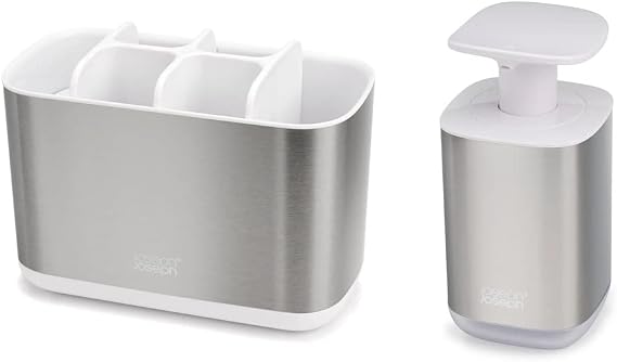 Joseph Joseph Bathroom Beauties - 2 parçalı lavabo seti, büyük diş fırçası tutuculu ve hijyenik sabun pompası dispenserli, paslanmaz çelik
