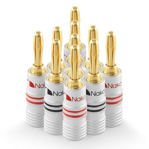 Nakamichi Excel Series 24k Gold Plated Banana Plugs 12 AWG - 18 AWG Gauge Size 4mm for Speakers Amplifier Hi-Fi AV Receiver Stereo Home Theatre Audio Wire Cable Screw Connector 10 Pcs 5-Pairs