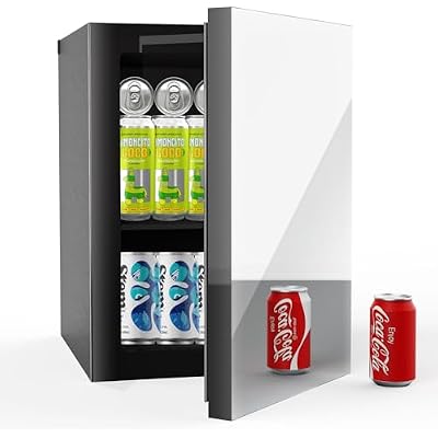 Erivess 24 Cans0.9 Cubic Feet Beverage Refrigerator Cooler and Skincare Mini Fridge with Mirrored Front Door & Temperature Control, Countertop Small Fridge for Soda, Beer and Cosmetics, Skincare