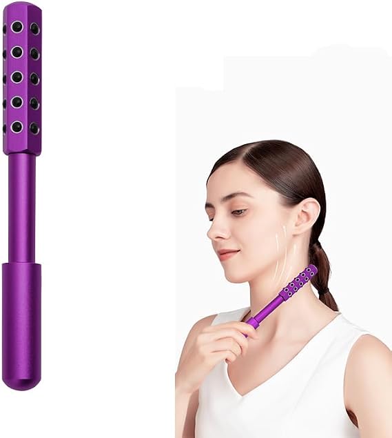 30-Stone Facial Roller - Cooling Face & Neck Massager Tool for Skin Rejuvenation | 360 Contouring with Germanium Stones & Aircraft Aluminum | Portable 7.6" Beauty Roller - Purple