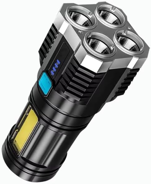 Super Bright 4-LED Flashlights High Lumen, 1000LM Powerful Tactical Flashlight, 4 Modes, COB Side Light, USB Rechargeable Multi-Functional Flashlight for Hiking, Outdoor, Emergency