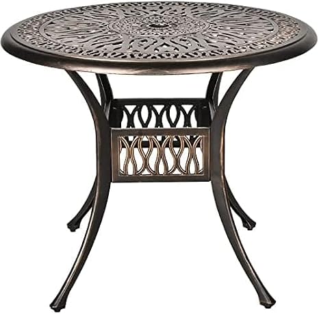 Grepatio 35.4" Round Cast Aluminum Patio Bistro Table, Outdoor Dining Table with 2 Umbrella Hole, Outdoor Side Table for Porch, Backyard, Garden, Balcony