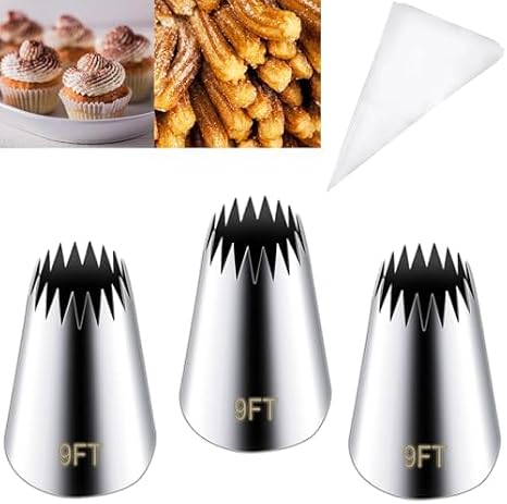 Hendiy 3 Pieces Stainless Steel 9FT Large Churro Piping Tip Set