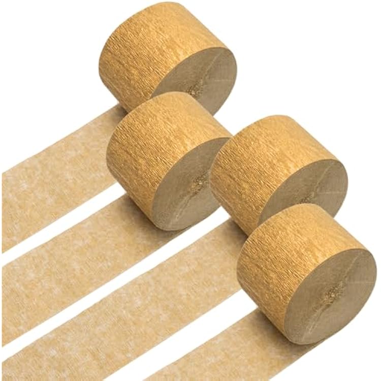 Crepe Paper Streamers 4 Rolls 328ft, Pack of Metallic Gold Party Streamers for Birthday Party Decorations Wedding Bridla Baby Shower Graduation Hanging Banner Decor 1.8Inch x 82FtRoll