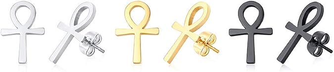 Ancient Egyptian Symbol Ankh Cross Stud Earrings Stainless Steel Key of Life Ear Plugs for Men Women