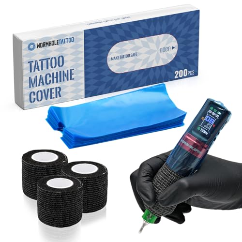 Wormhole Tattoo 200Pcs Plastic Tattoo Machine Covers, 3Pcs Tattoo Grip Tape, Disposable Tattoo Pen Covers for Tattoo Beginners 65  180mm - Blue