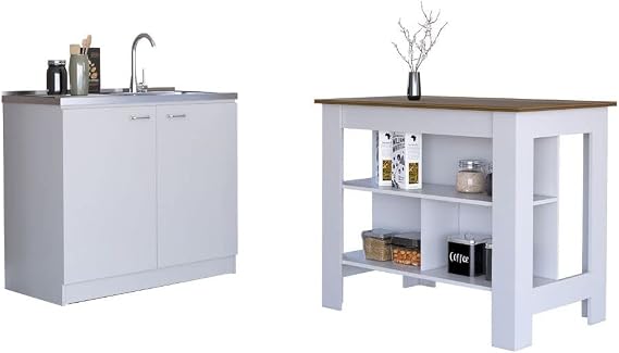 Tuhome Kitchen Island & Sink Set - Modern Cabinet - Ready to Assemble White/Walnut