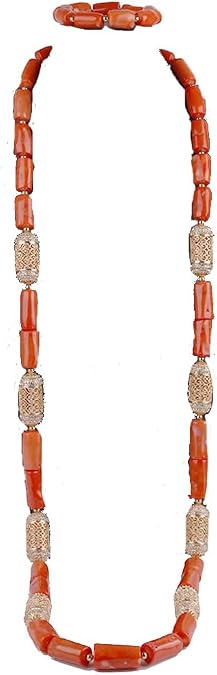 1Row Orange Coral Necklace Bracelet Earrings,Multilayer Statement Choker Necklace,Nigerian Dubai Wedding African Bridal Coral Beads Jewelry Set for Women(Without Earrings)