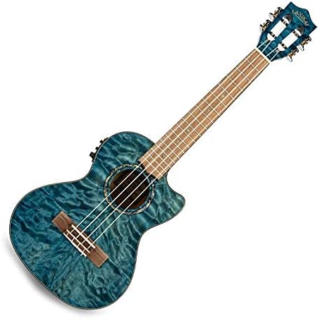 Lanikai QM-BLCET Quilted Maple Blue Cutaway A/E Tenor Ukulele w/Bag, Cloth, Stand, and Tuner