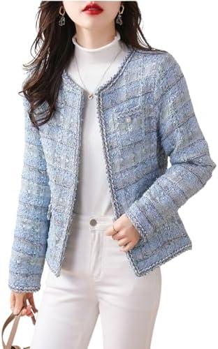 chouyatou Womens Elegant Open Front Tweed Jacket Slim Collarless Bussiness Casual Blazer Jacket