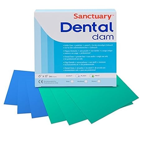 Sanctuary Latex Dental Dam,Powder Free, Pack of 36 (Blue 6" x 6" Medium)
