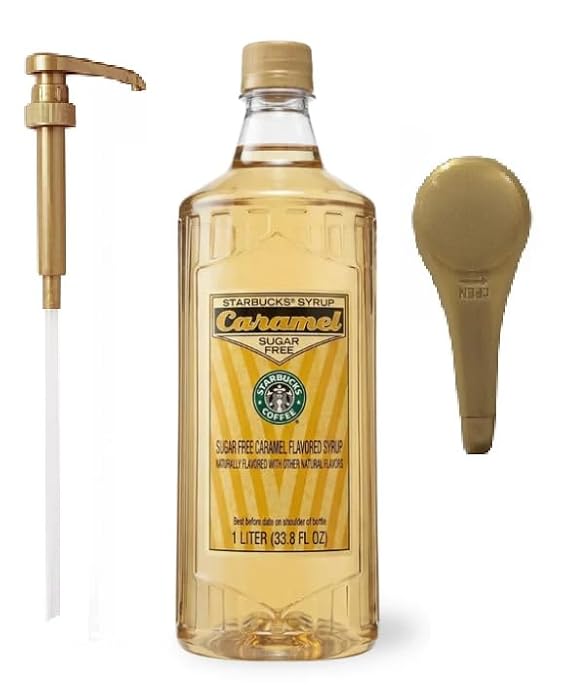 Sugar free caramel Syrup 1 Liter Bottle Bundle - Authentic caramel sugar-free Syrup, Premium Taste - Perfect for Starbucks Coffee, Lattes, and Desserts with KK&A Collection gold Pump