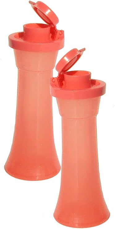 Tupperware Mini 4 Inch Hourglass Salt and Pepper Shakers Coral Color