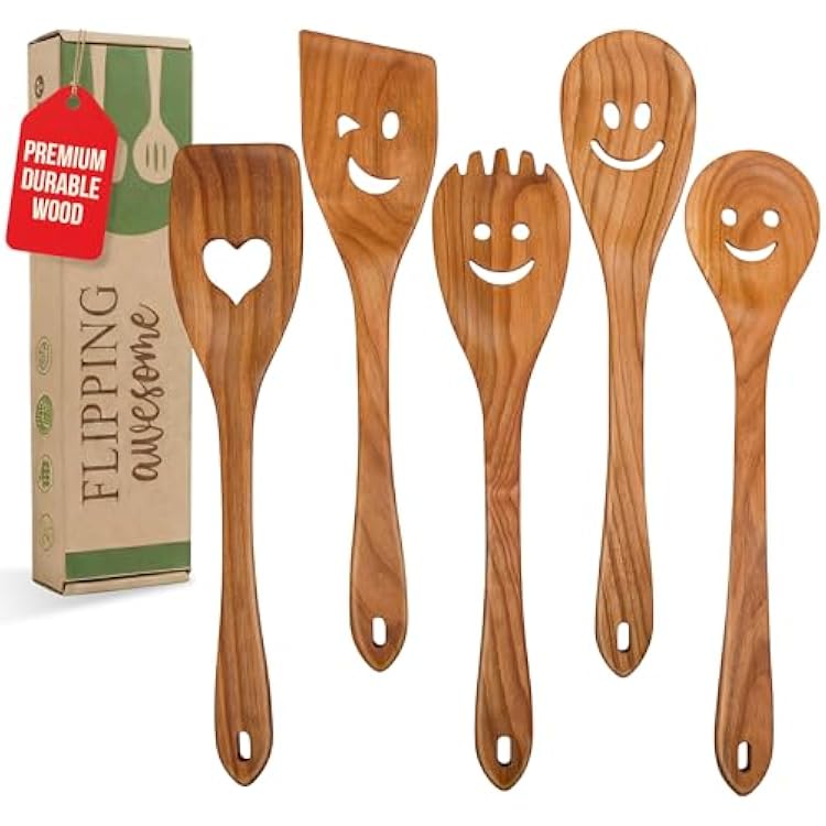 MFC 5-Piece Wooden Cooking Spoons - Kitchen Set from Natural Cherry Wood - Wooden Spoons for Cooking - Funny Utensil Set with Smiley Faces - Cooking Multipurpose Wood Utensils
