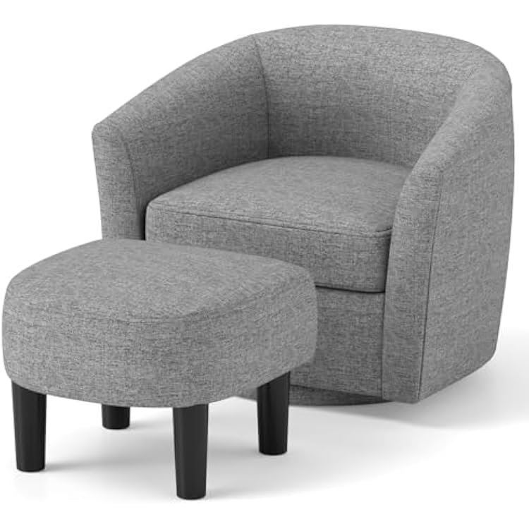 GOFLAME Swivel Barrel Chair with Ottoman, Modern Linen Fabric Accent Chair with Footrest, Curved Backrest, Removable Seat Cushion, Upholstered Club Tub Sofa Chair for Bedroom, Living Room, Grey