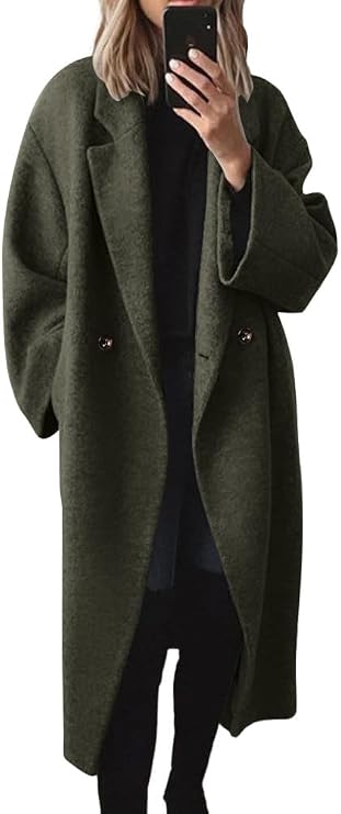 chouyatou Women's Winter Double Breasted Wool Coat Long Sleeve Notch Lapel Long Trench Coat