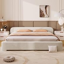 SOFTSEA King Size Boucle Upholstered Bed, King Platform Bed Frame with Low Headboard, Soft Rounded Corners, No Box Spring Needed, Easy Assembly, White