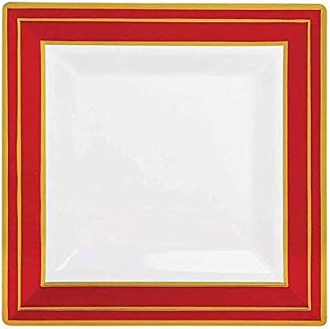 Square Dinner Plates - 9.5" | Red/Gold Edge Rim | Pack of 10